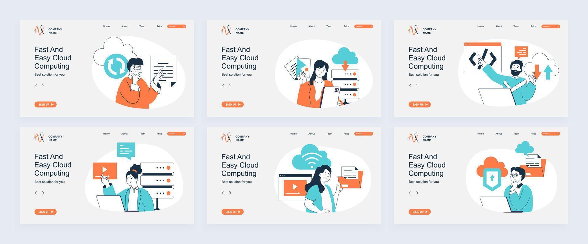 Cloud computing concept of landing page with slide templates set in flat design. Website headers with people do online sync, work with digital files and using cloud storage. illustrations. vector