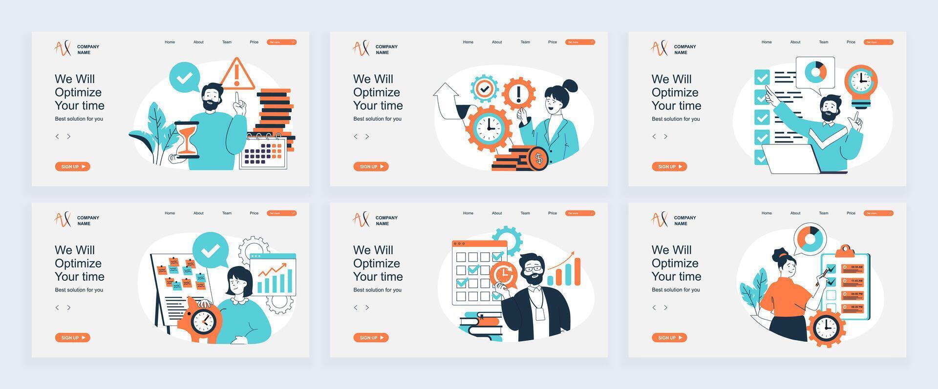 Time management concept of landing page with slide templates set in flat design. Website headers with people managing daily schedule, planning tasks in checklists to deadline. illustrations. vector