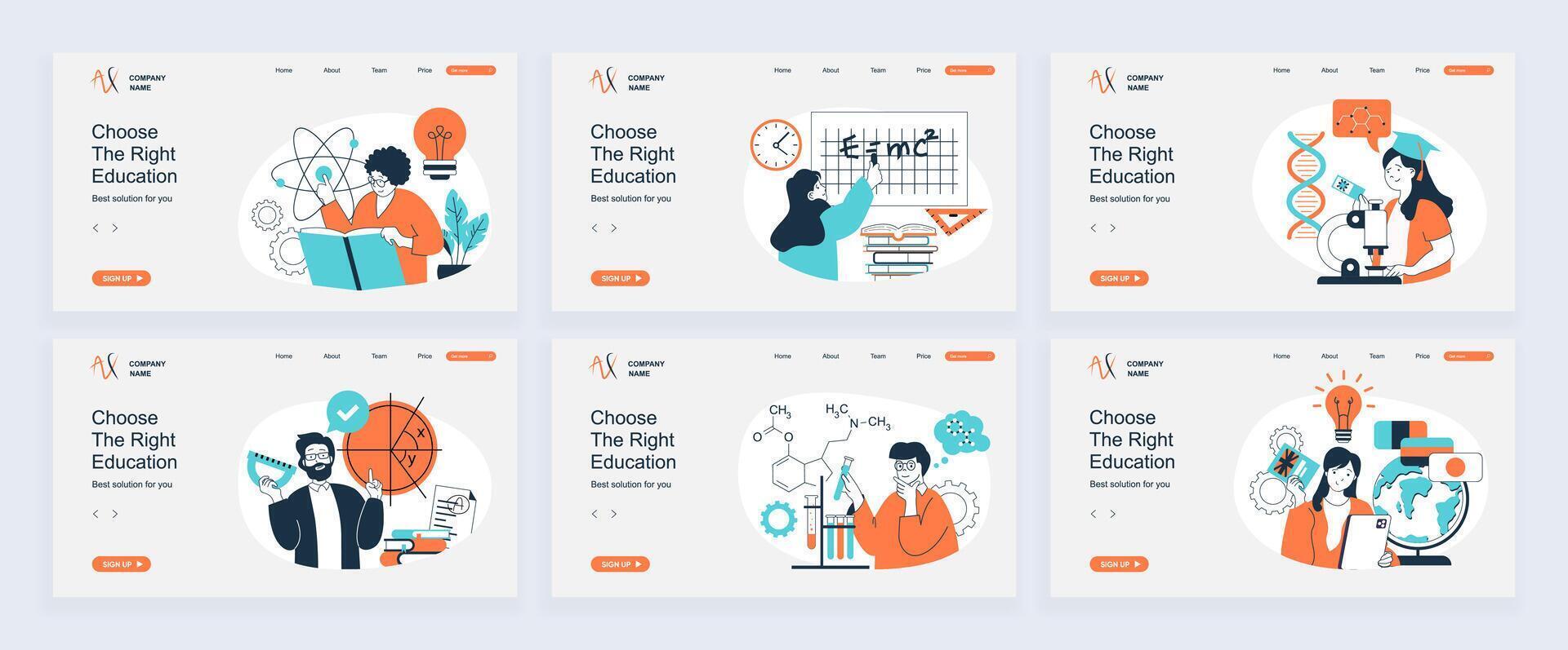 Education concept of landing page with slide templates set in flat design. Website headers with people learning science, reading books, brainstorming, making tests in laboratory. illustrations. vector