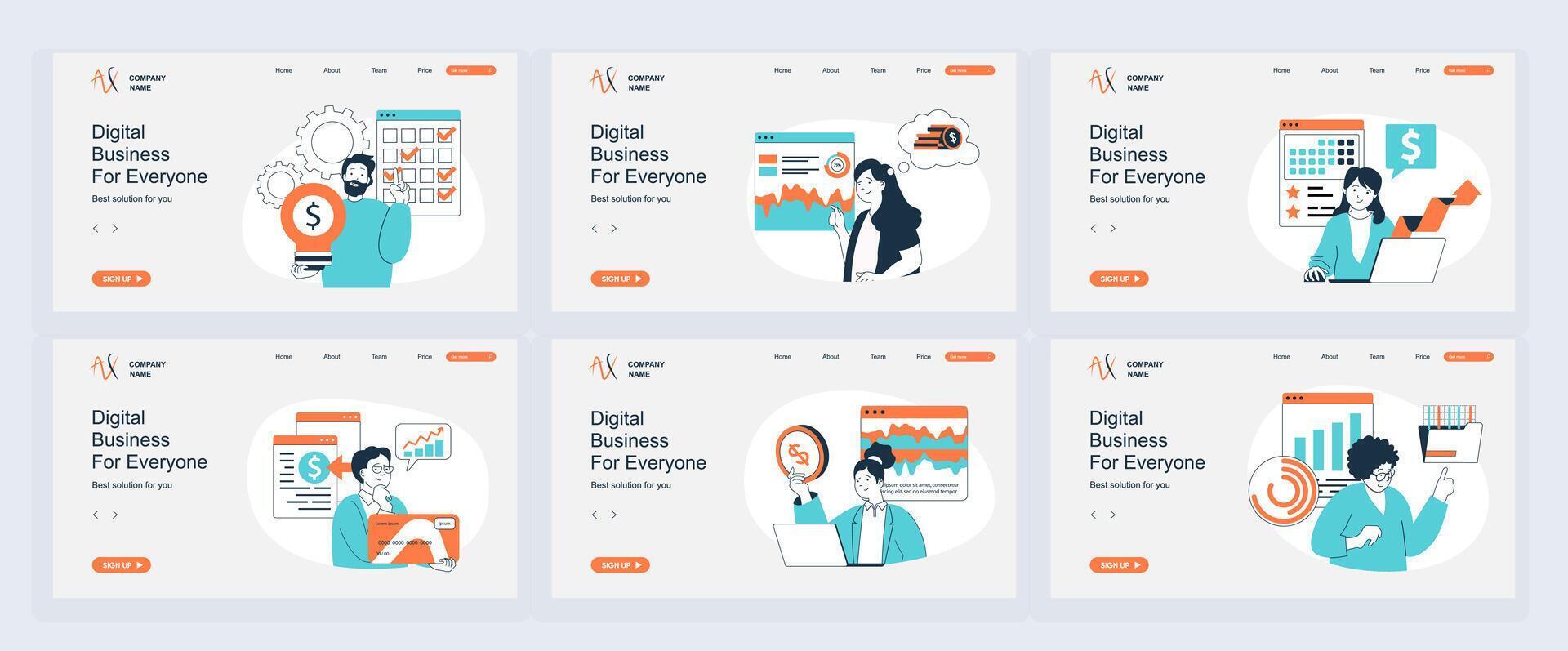 Digital business concept of landing page with slide templates set in flat design. Website headers with people create content plan, using marketing tools for attract clients. illustrations. vector