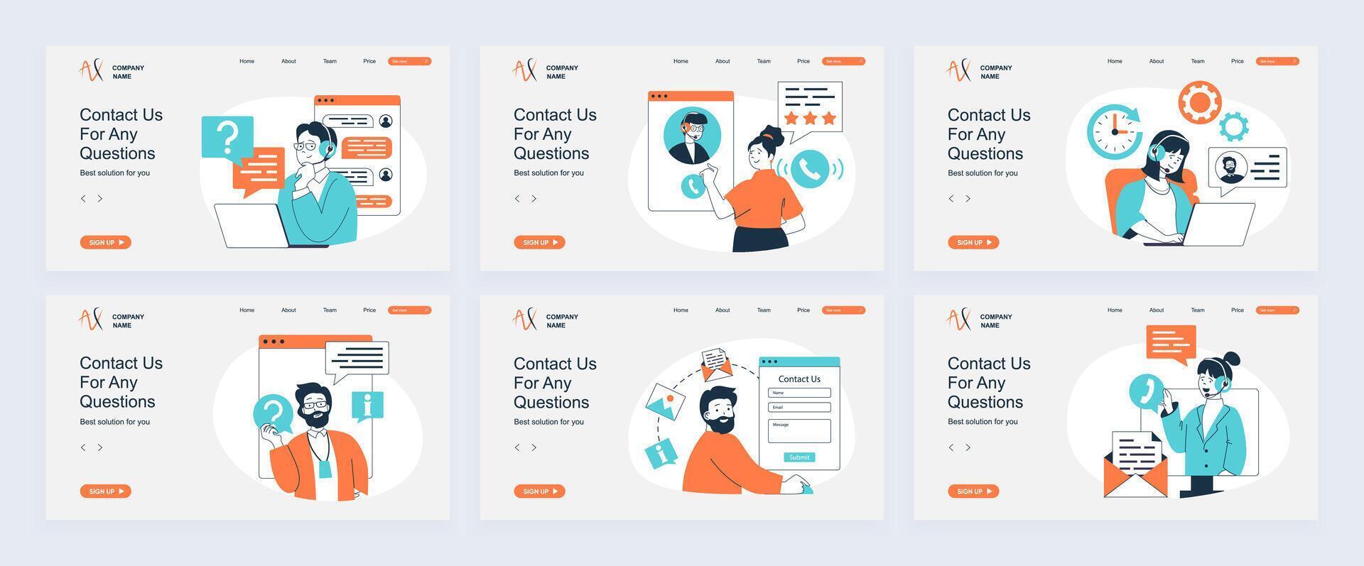 Contact us concept of landing page with slide templates set in flat design. Website headers with people answering calls, chatting with clients, give info solve customer problems. illustrations. vector