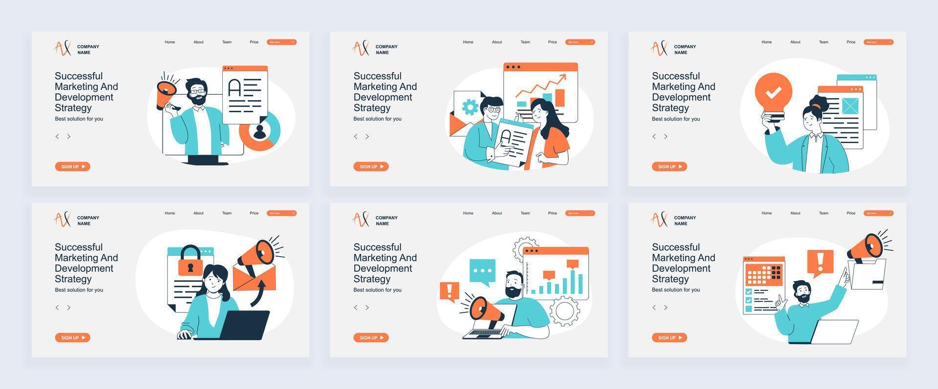 Marketing and development concept of landing page with slide templates set in flat design. Website headers with people analyzing data, creating advertising promotion strategy. illustrations. vector