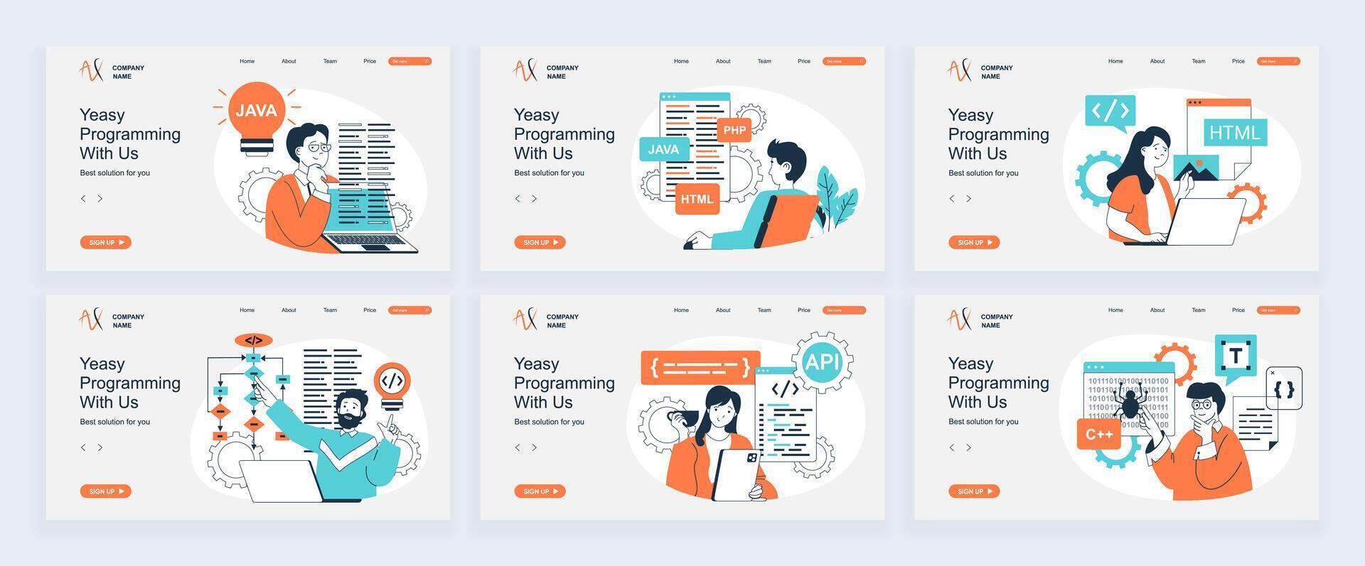 Programming concept of landing page with slide templates set in flat design. Website headers with people coding on computer, creating scripts and algorithms, developing programs. illustrations. vector