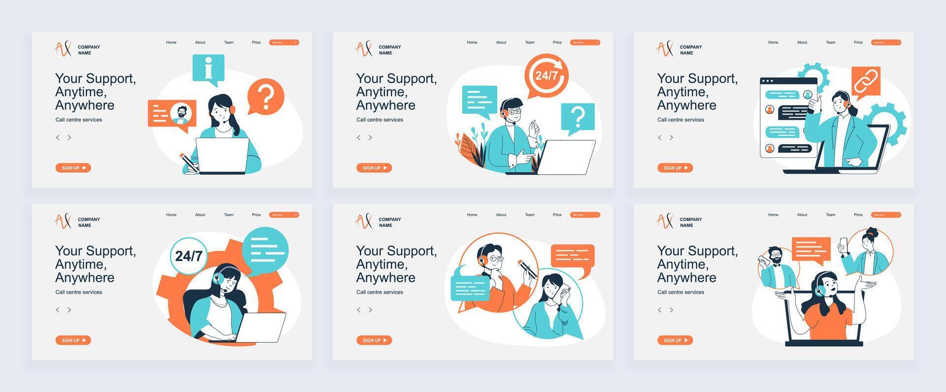Call center concept of landing page with slide templates set in flat design. Website headers with people answering calls, online messages in support service, consulting clients. illustrations. vector