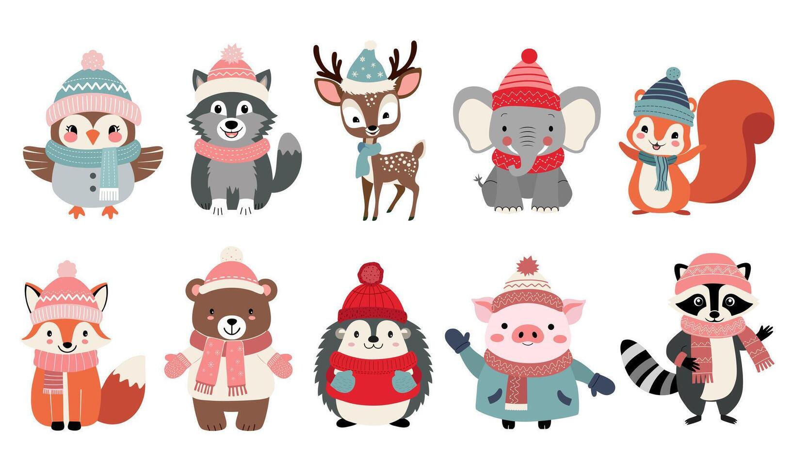 Set of cute animals in winter clothes. Elephant, raccoon, wolf, bear, owl. Thickly clothed pets. Winter animals. vector