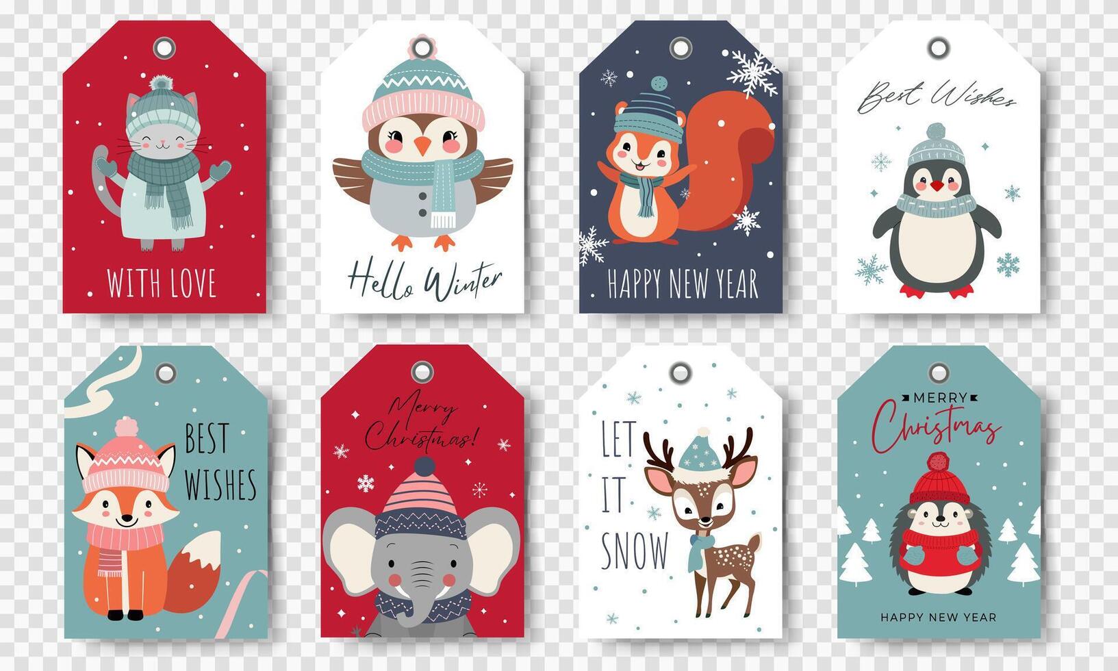 Cute animals christmas tags. Set of gift tags with xmas characters. Happy celebrate xmas label. Winter animals vector