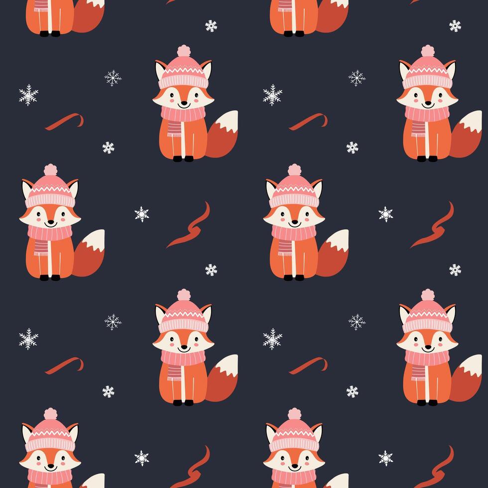 Seamless pattern with warm clothed fox. Christmas Winter backgrounds. Cartoon animals pattern. vector