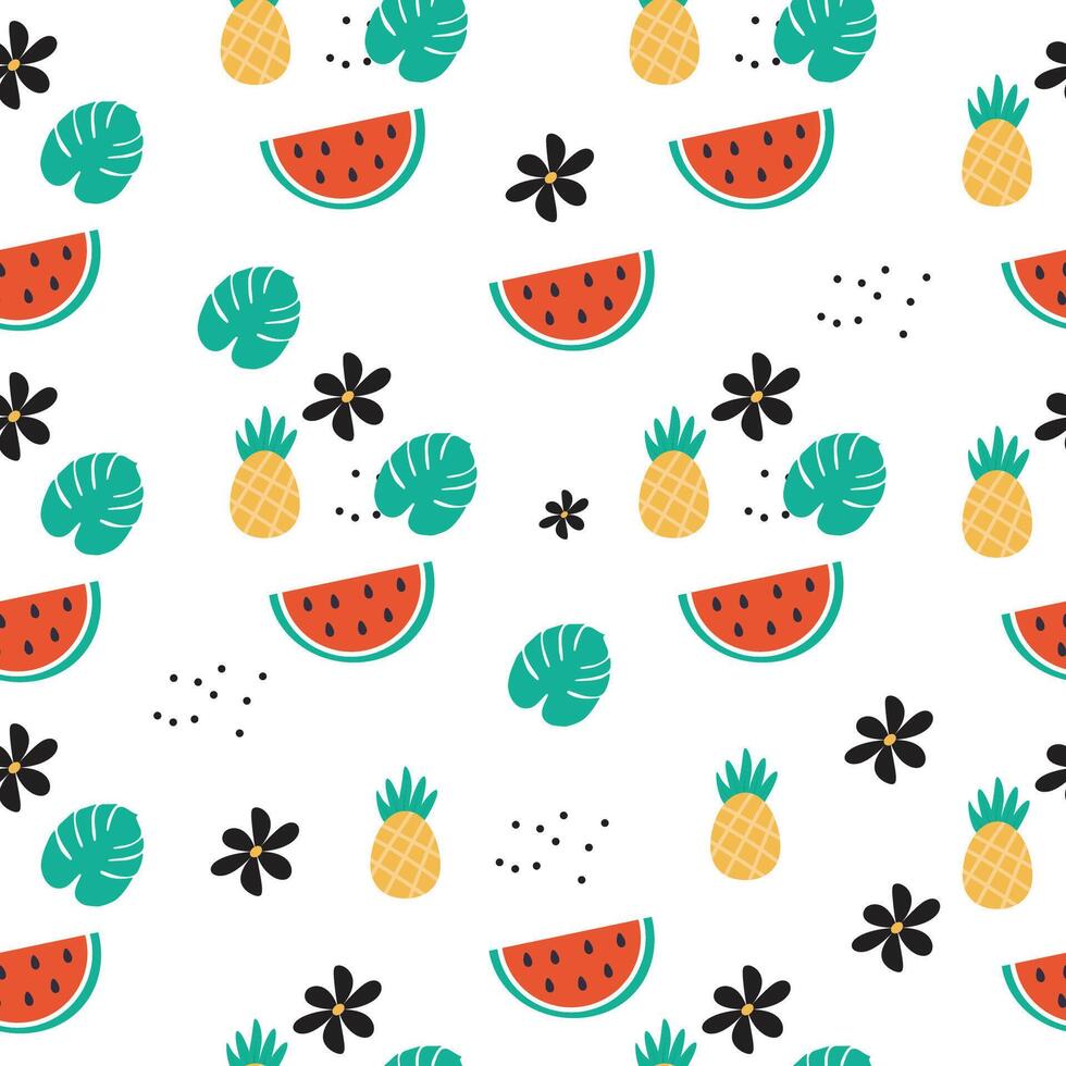 Watermelon, pineapples and leaves pattern vector