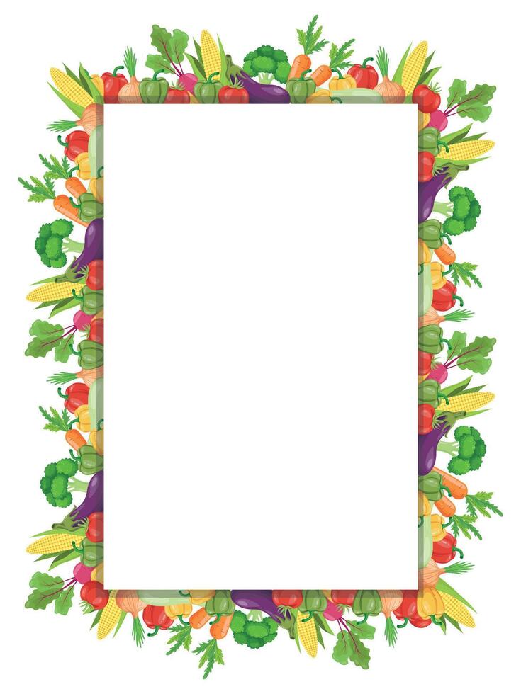 A vertical banner featuring a frame surrounded by fresh vegetables on a clean background with space for text, perfect for recipes, menus, or healthy food themes. illustration. vector