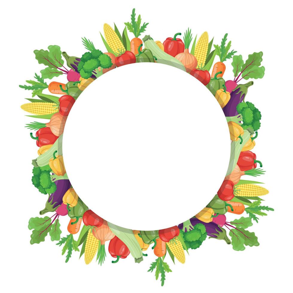 Round frame with vegetables around it. Background with fresh vegetables with space for text. illustration vector
