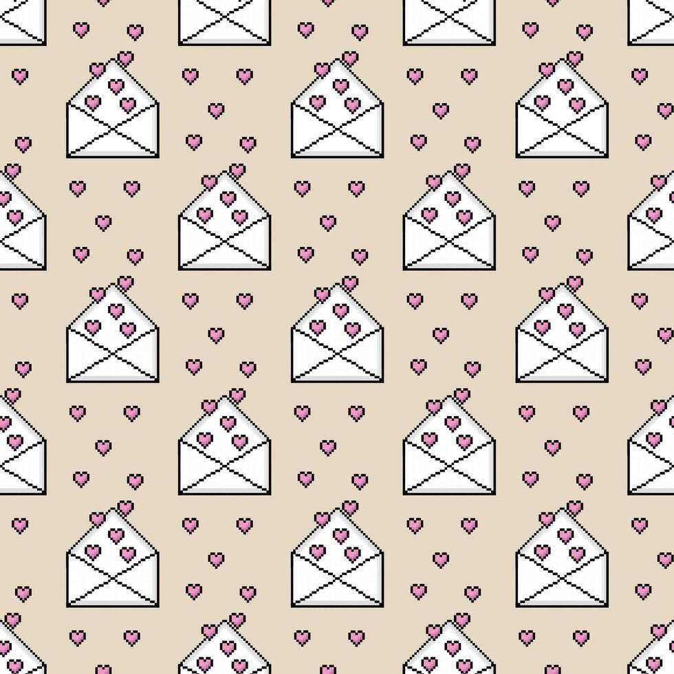 A seamless pattern featuring pixel icons of love letters and hearts in a retro 8-bit style, perfect for Valentine's Day prints and designs. vector