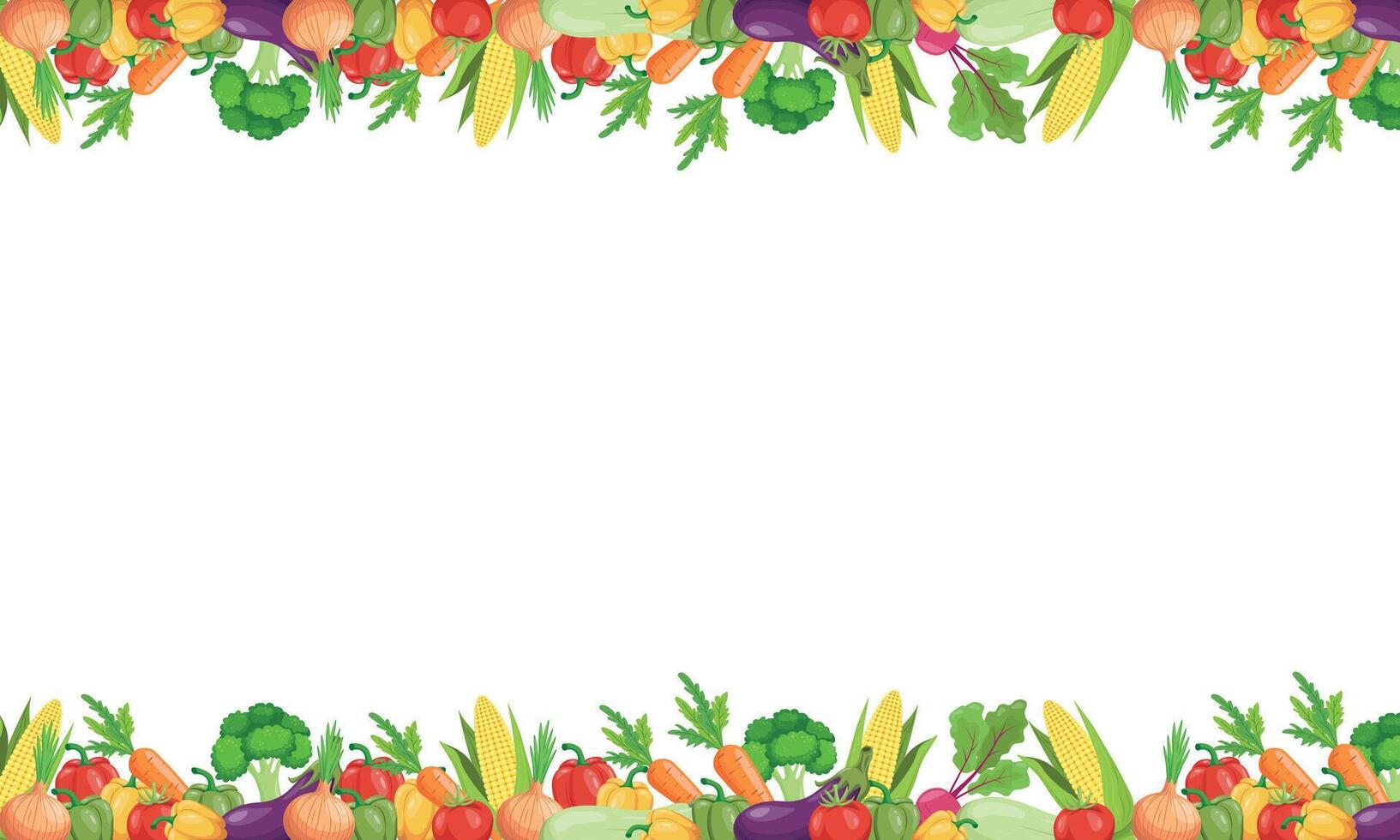 A horizontal frame bordered by fresh vegetables on a clean background with space for text, ideal for recipes, menus, or healthy lifestyle concepts. illustration. vector