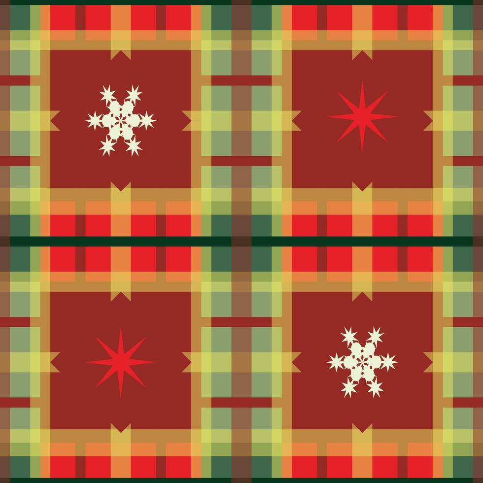A festive Christmas inspired plaid pattern featuring red and green squares, snowflakes, and vibrant red stars. Ideal for digital use in holiday graphics, scrapbooking, and greeting card designs vector
