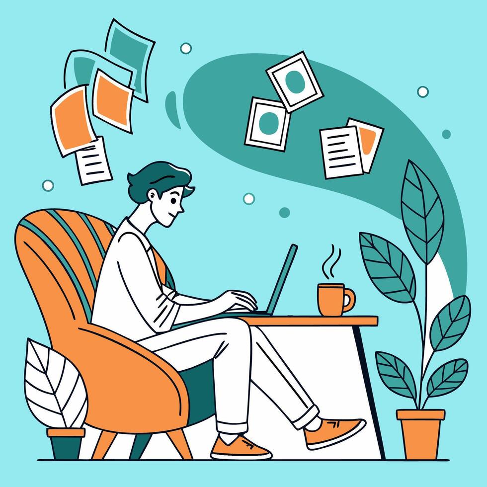 A young freelancer boy with Working a laptop at a personal home desk, working from home at a relaxed pace vector