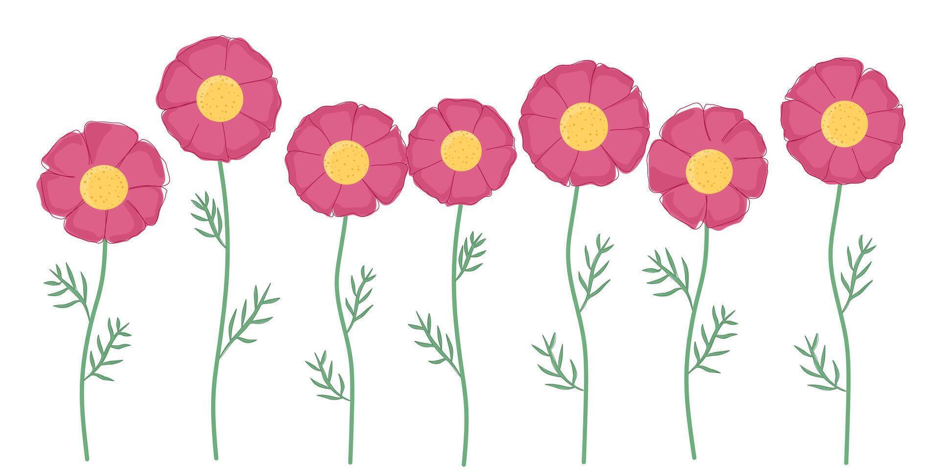 Hand drawn doodle pink flowers set. Botanical nature spring elements. Modern abstract floral, geometric and leaves shapes. vector