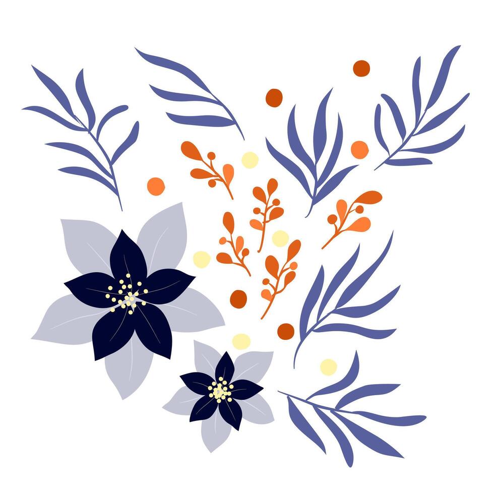 Set of hand-drawn flora. Flowers, leaves, buds, stamens. vector