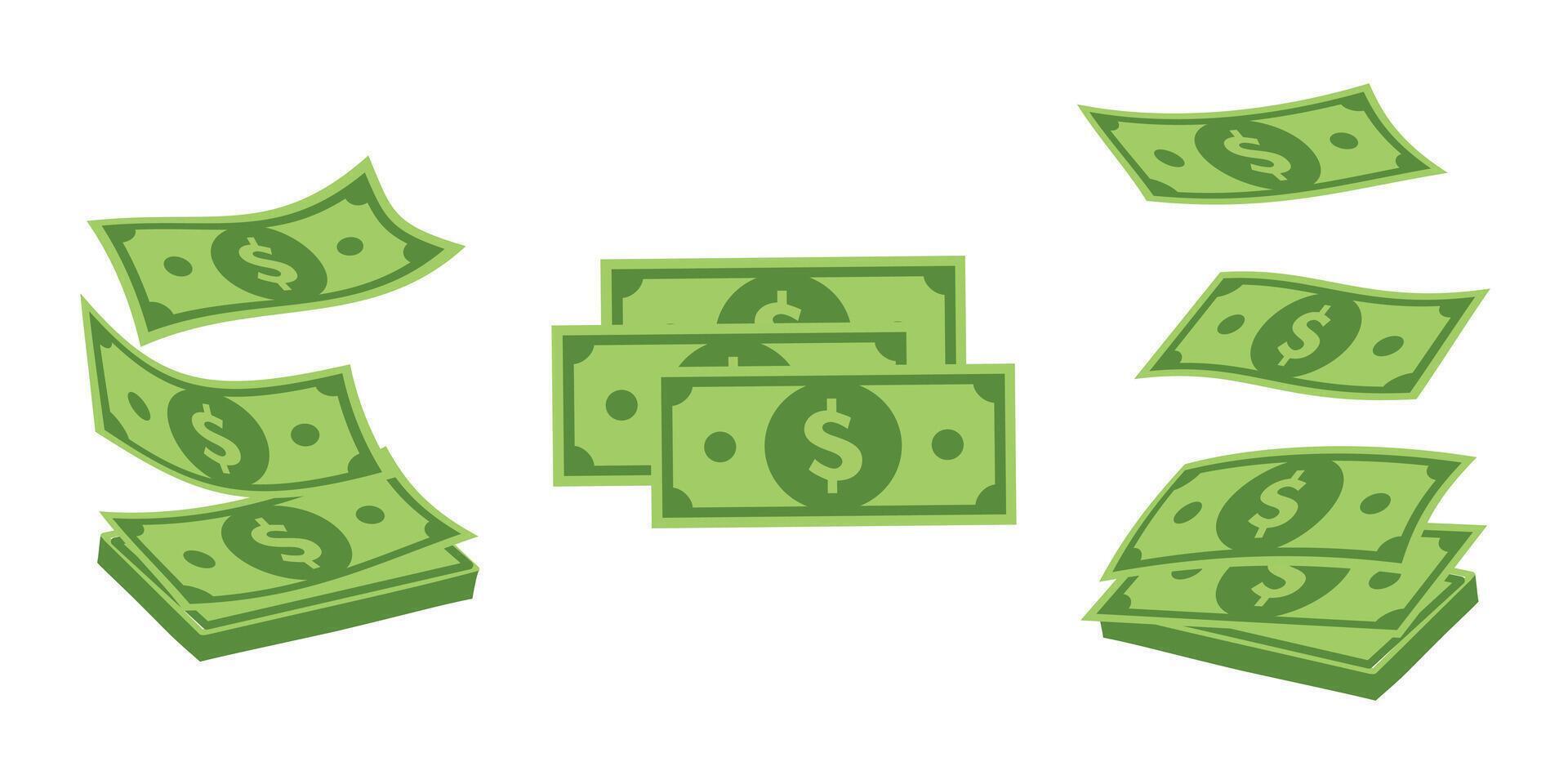 Set of money cash, dollar banknotes. Fly stack of paper, falling green bill. Financial payment, lottery win. Wealth and finance success. vector