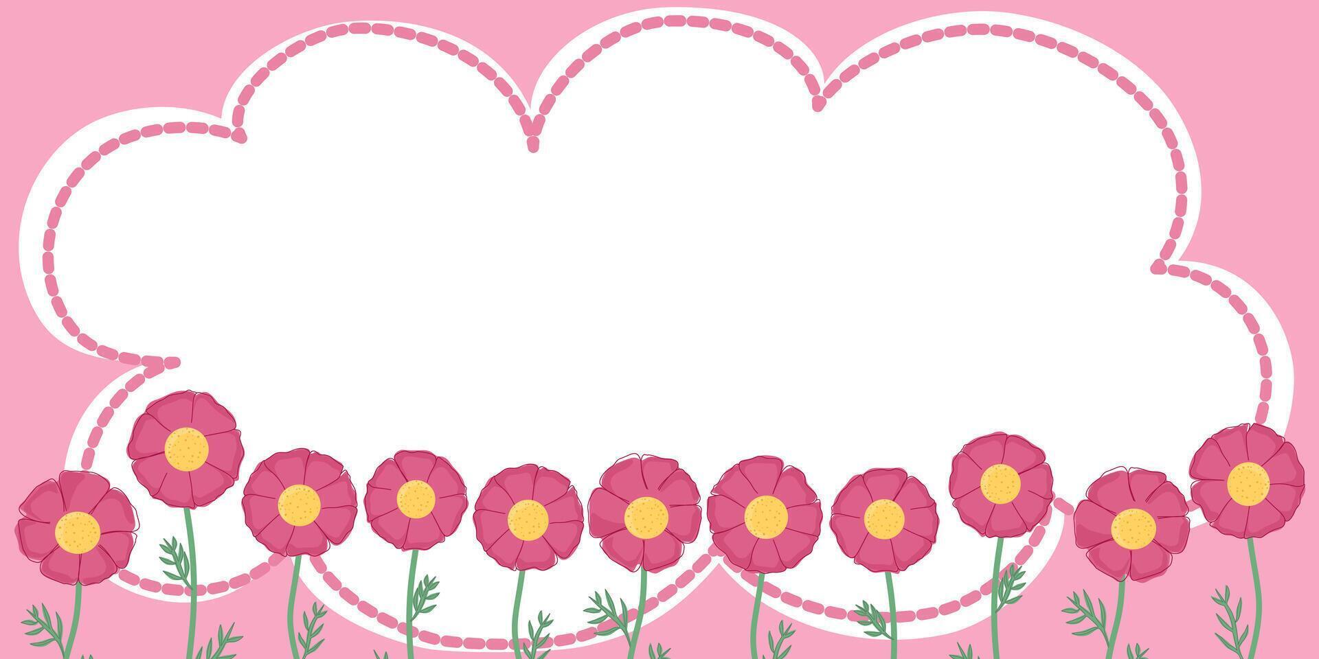 Spring cute pink flowers seamless frame, greeting card with season elements, flat design isolated on white background. vector
