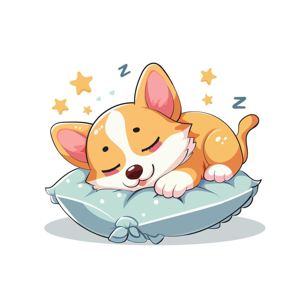 Cute Corgi Dog Mascot Cartoon Sleeping on Pillow Adorable Animal Illustration vector