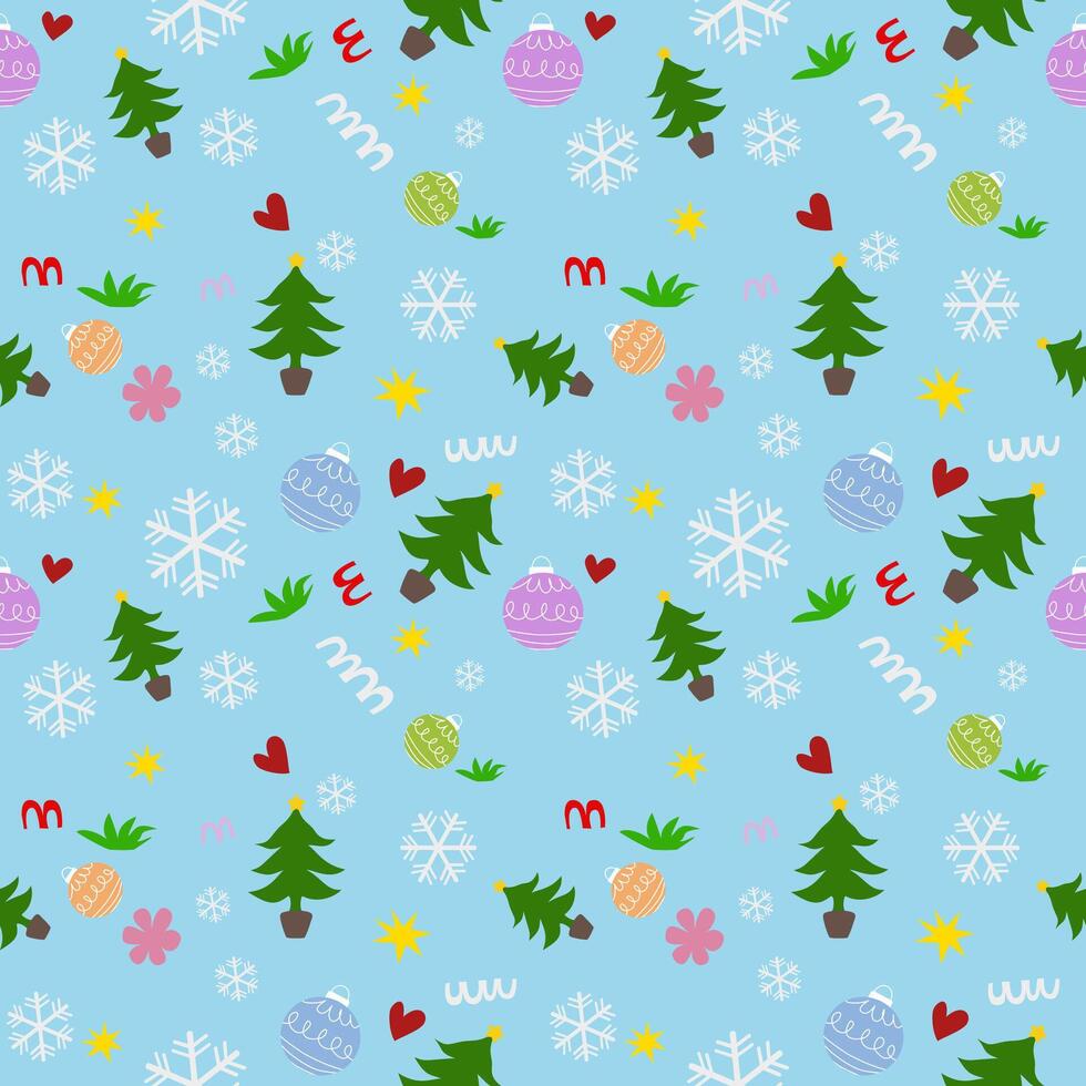 Seamless pattern with festive elements such as Christmas trees, snowflakes, stars, hearts and ornaments. The design has a light blue background. It creates a cheerful and winter atmosphere. vector