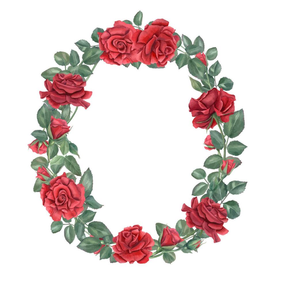 Oval wreath with rose branches in modern style. Blooming dark red flowers, buds, leaves watercolor illustration with copy space for text. Floral template for wedding invitation, birthday greeting card vector
