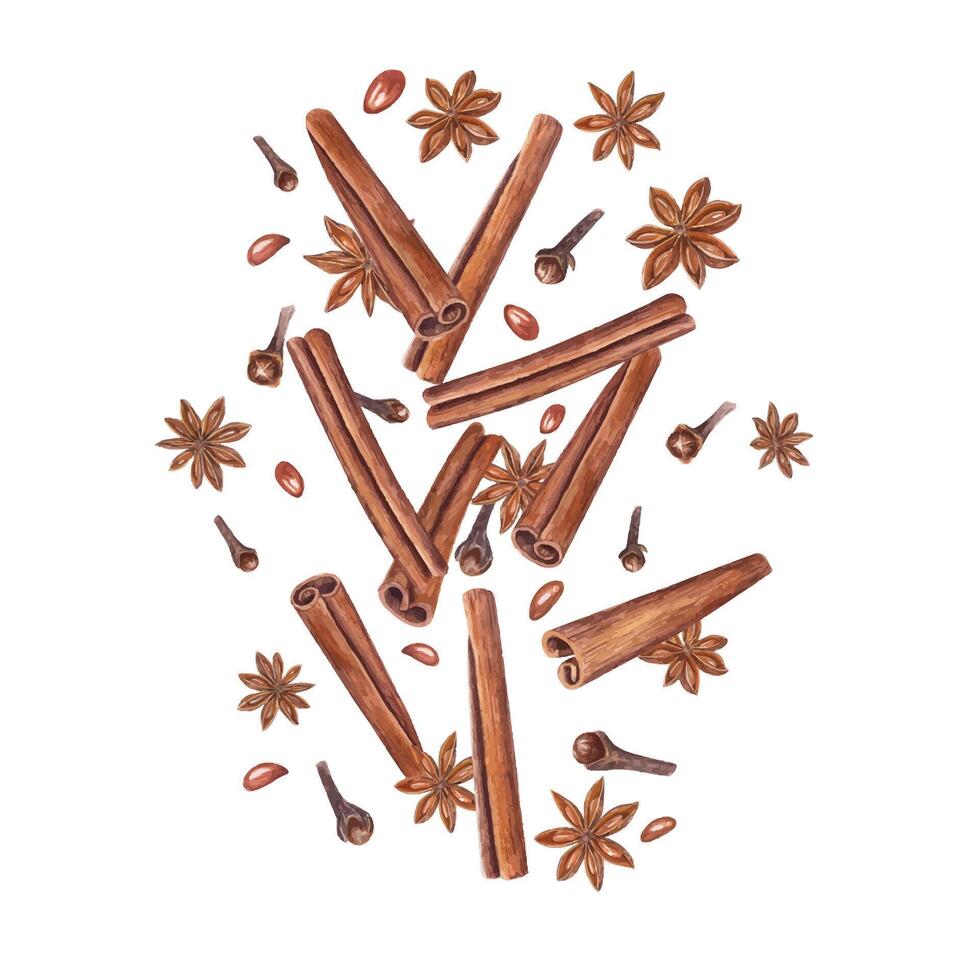 Falling cinnamons sticks, star anise, dried cloves. Winter aromatic spices for hot drinks and Xmas baking. Botanical watercolor illustration for package design, label, logo vector