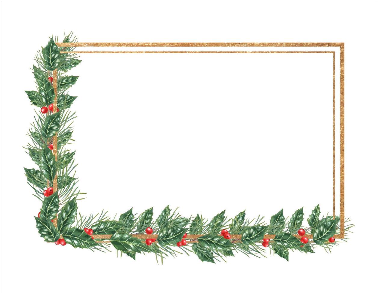 Xmas spruce branches, Holly berries gold framed illustration. Evergreen branch with red berries Xmas watercolor horizontal frame with empty space for text. For Christmas invitation, greeting card vector