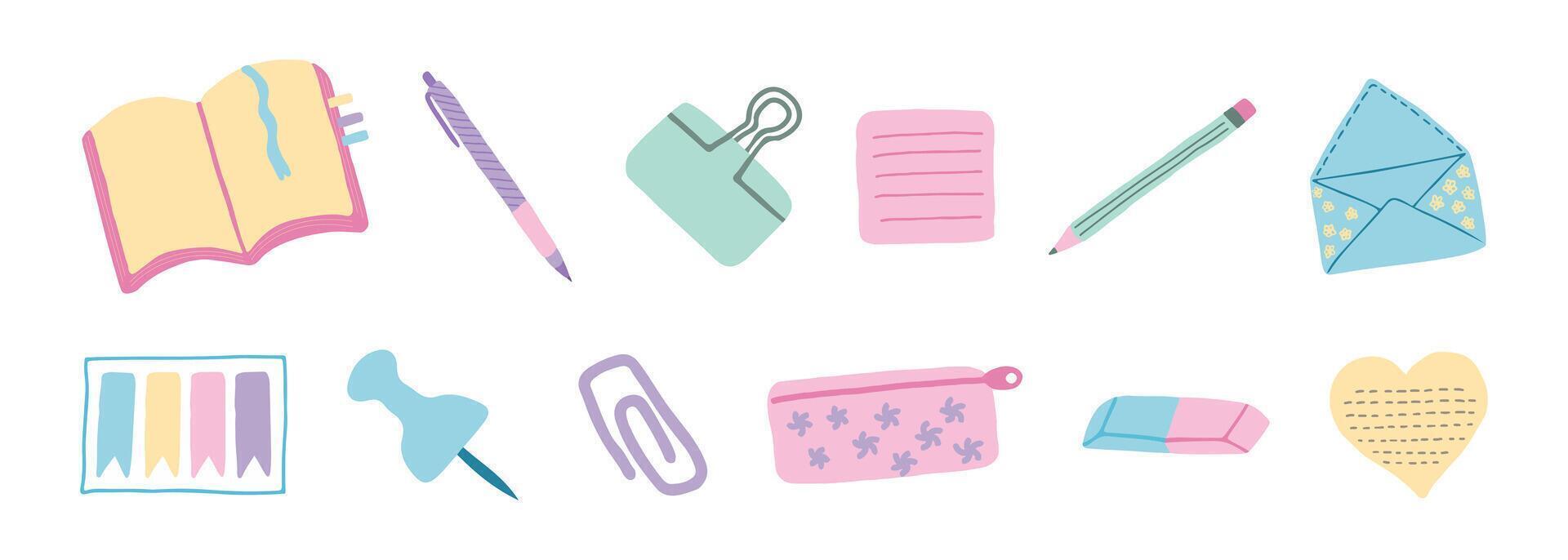 Colorful School Supplies Set Featuring Notebook, Pen, Paperclip, and Stationery Elements isolated on white background. Concept of Education, Office Tools, Creative Design, Classroom Essentials vector