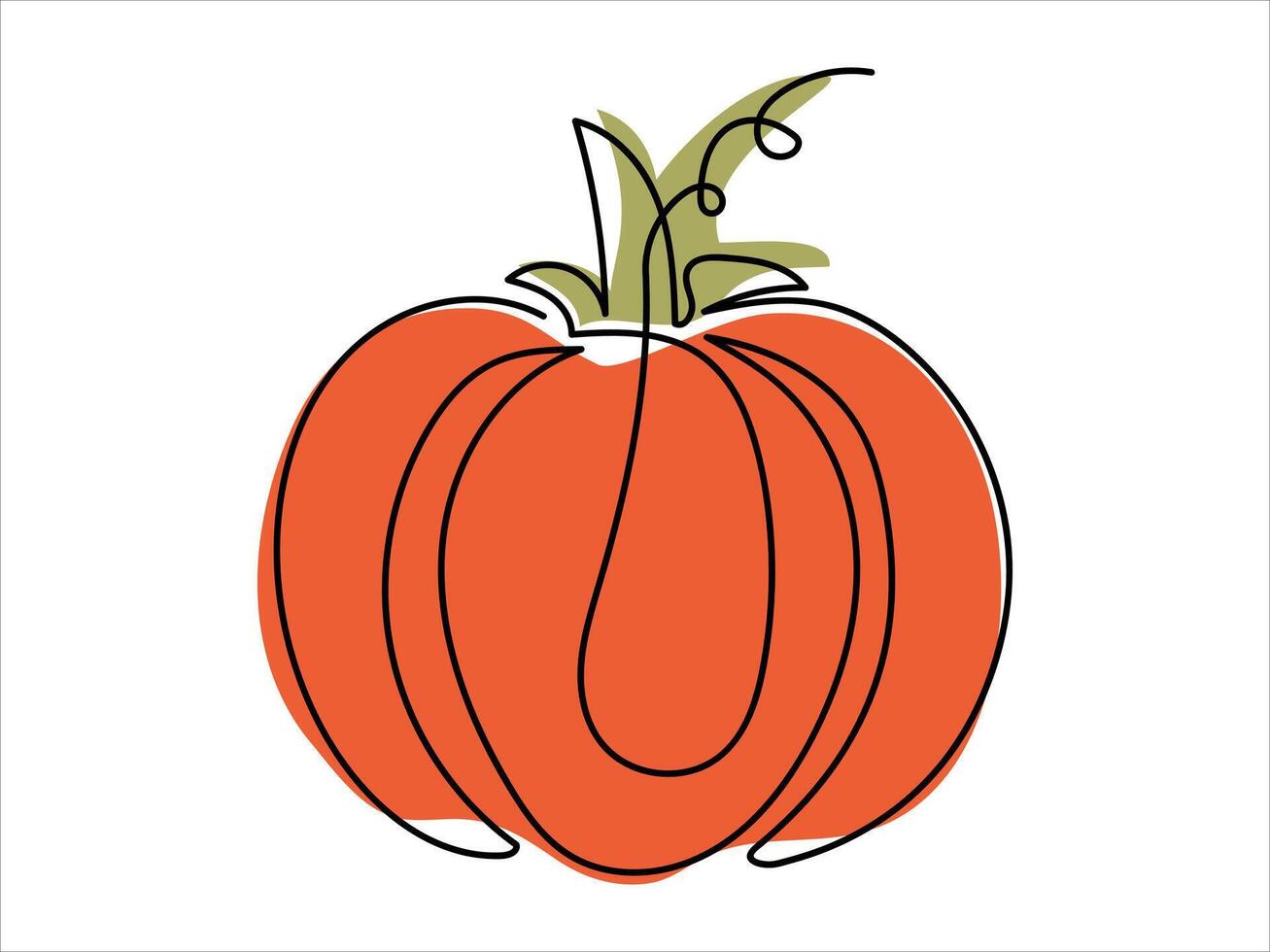 Pumpkin illustration in continuous one-line drawing style with green leaves, isolated on a white background. Concept of autumn, harvest season, Halloween decor, Thanksgiving, minimalist line art vector