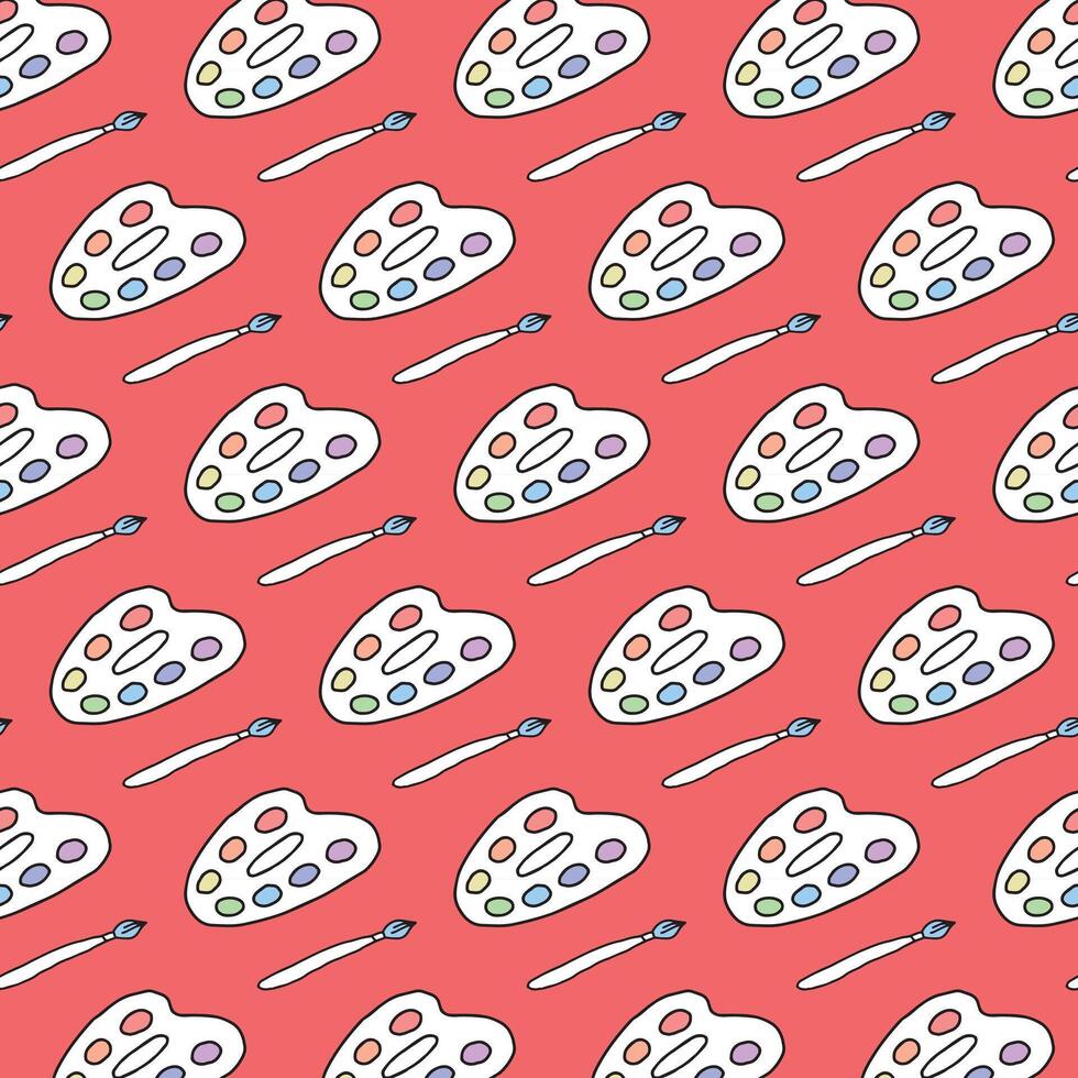 Seamless pattern of colorful artist palettes and brushes on red background. Concept of creative tools, art supplies, decorative design, painting essentials. Wallpaper, Print, Textile, Stationery vector