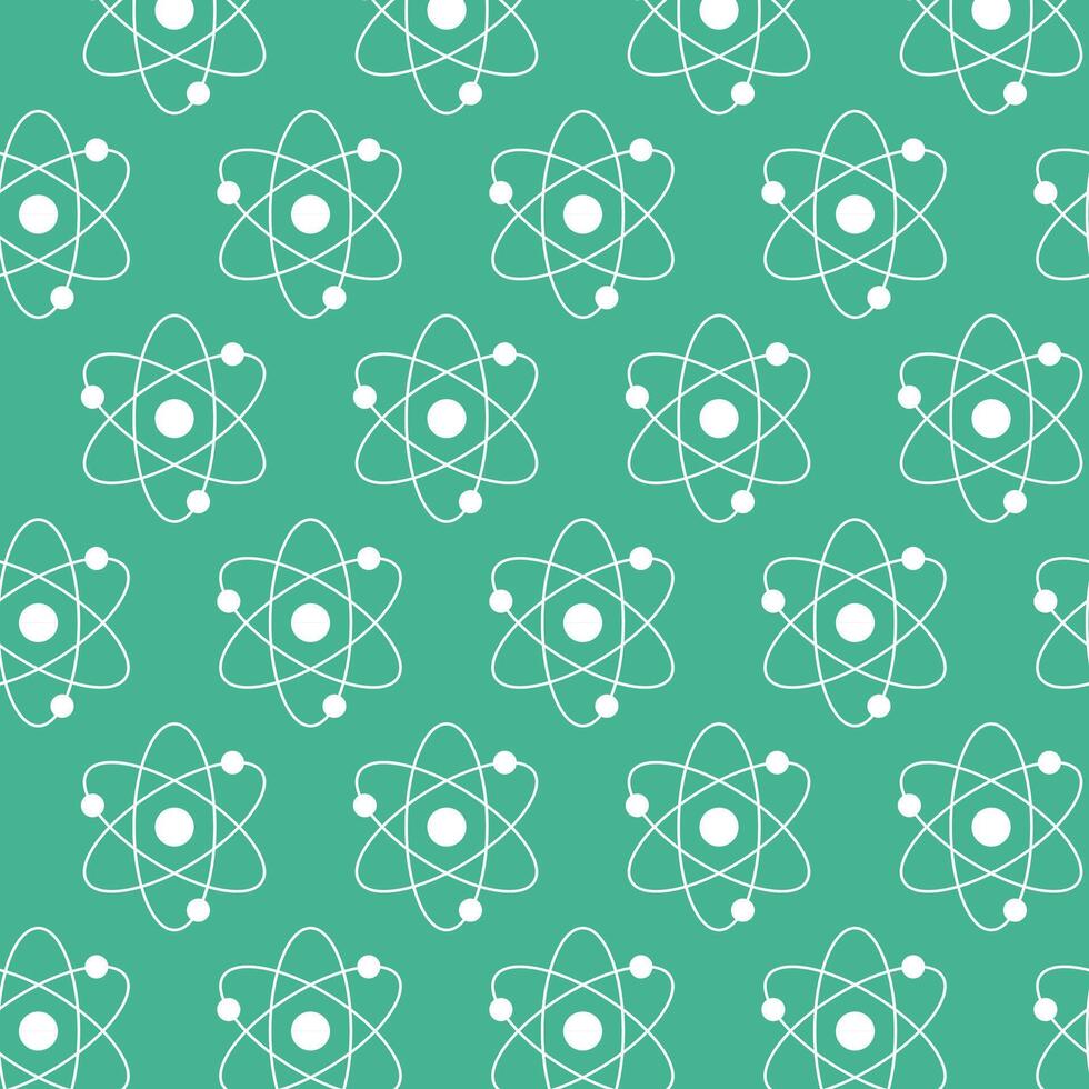 Seamless White Atom Pattern on Green Background. Concept of Science Illustration, Atomic Structure, Chemistry, Physics. Educational Design Element, Scientific Wallpaper, Wrapping paper, Print vector