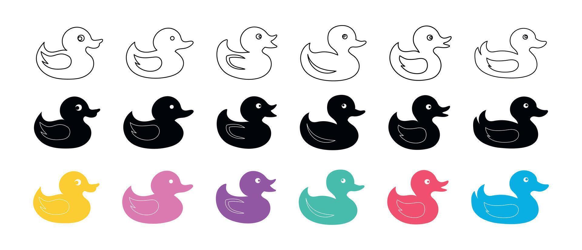 Set of rubber ducks and ducklings isolated on a white background. Black silhouettes, outlines, and colored versions. Concept of children's toys, bath time fun, cute cartoon animals, design elements vector