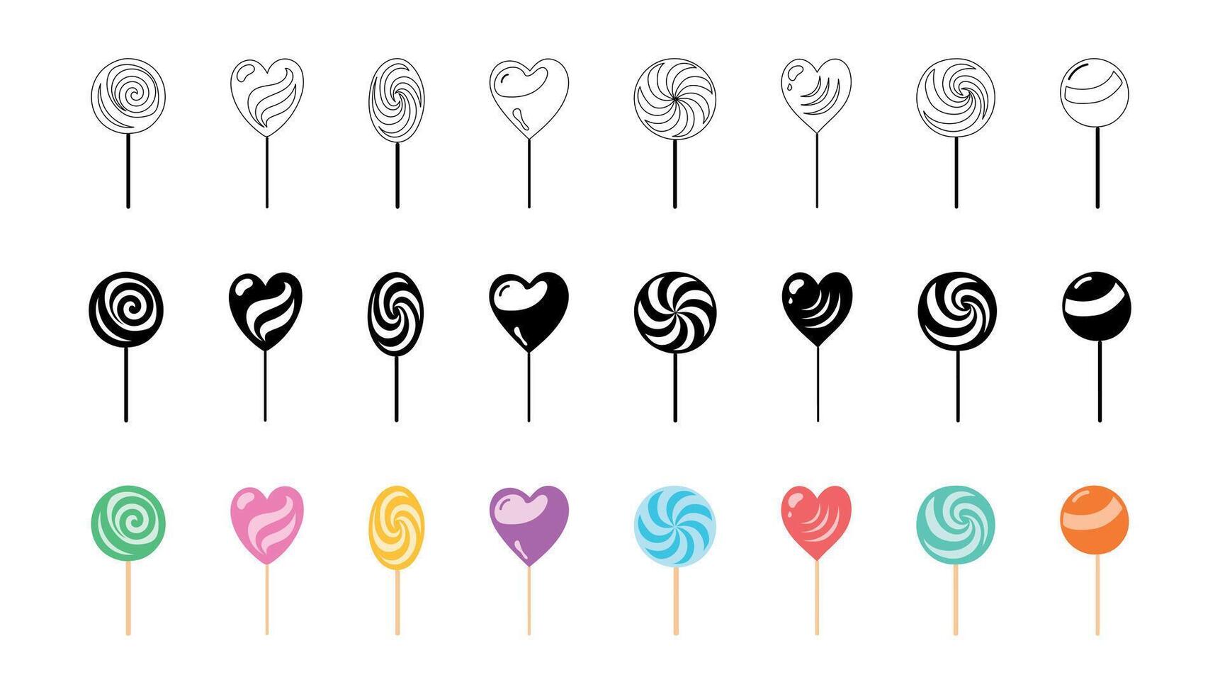 Set of lollipops in various shapes and patterns isolated on white background. Black silhouettes, outlines, and colored versions. Concept of sweet candy, confectionery treats, heart and swirl shapes vector