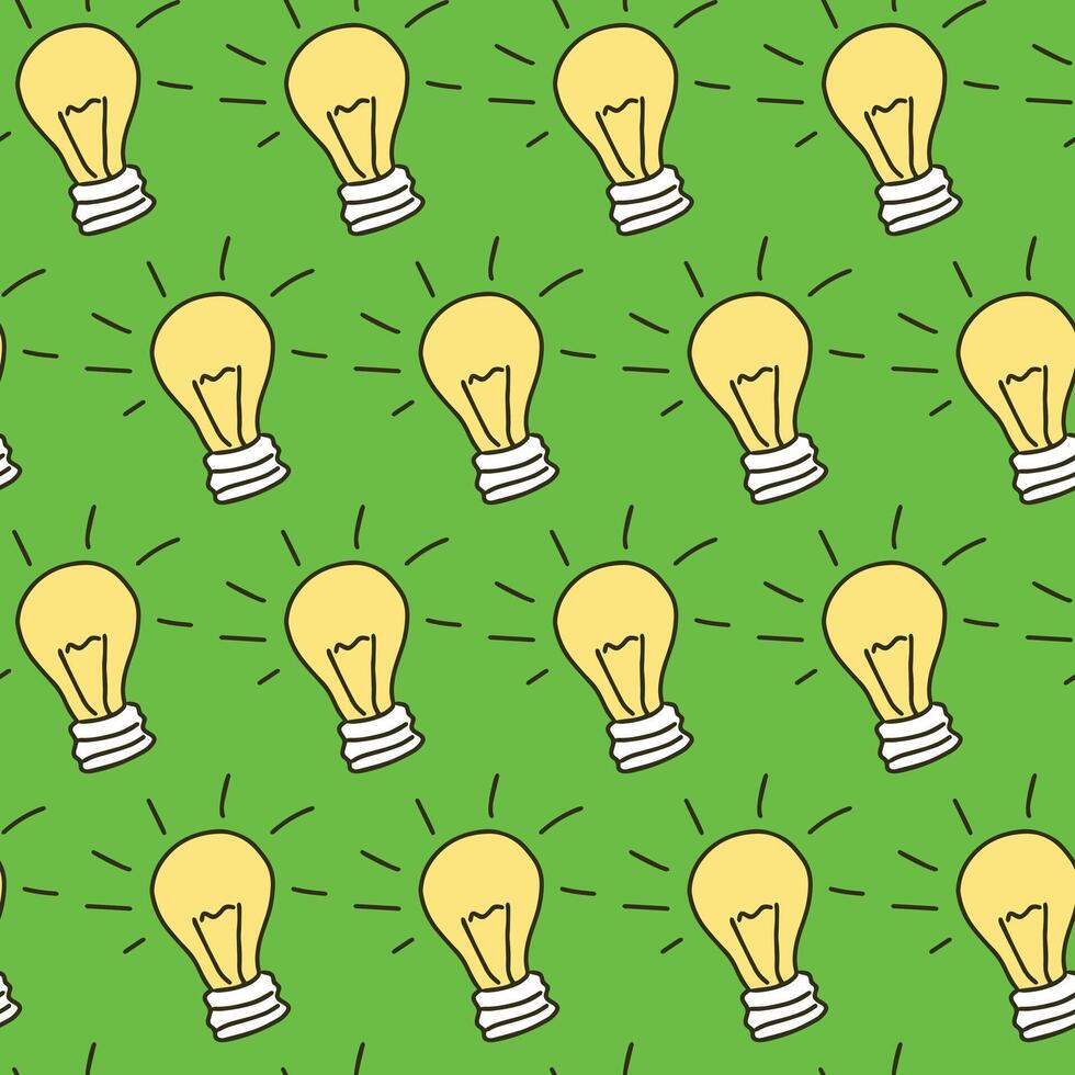 Seamless Pattern of Glowing Light Bulbs on Green Background. Concept of Innovation, Bright Ideas, Creativity, Electrical Design. Art, Decoration, graphic design, inspiration symbol. Background vector