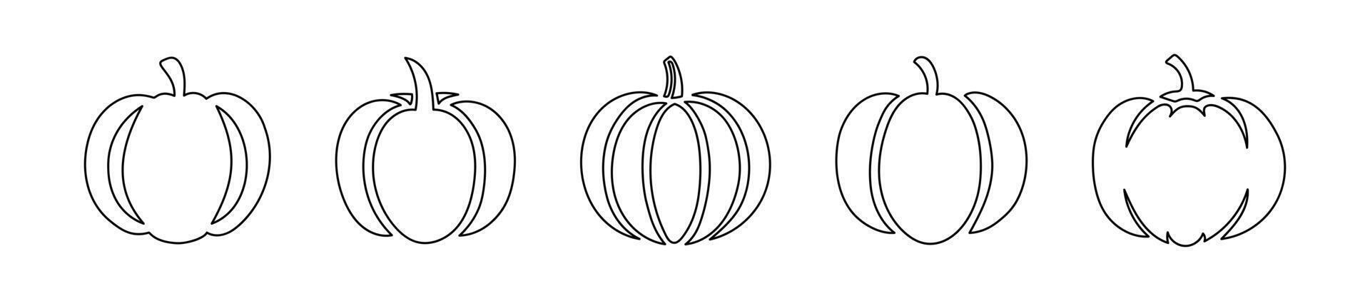 Set of black pumpkin outlines isolated on white background. Icon, logo, sign. Concept of minimalist Halloween decor, Thanksgiving, seasonal graphic design, farming, autumn harvest, and vegetables vector