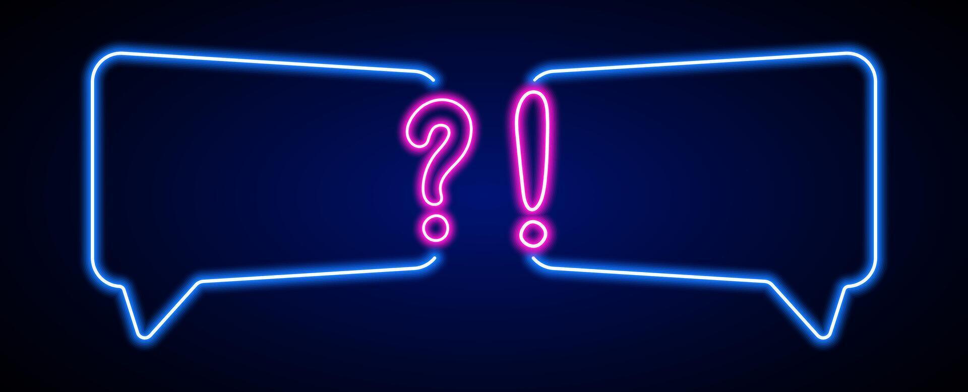 Neon quiz frame with question and exclamation. Faq question answer template vector