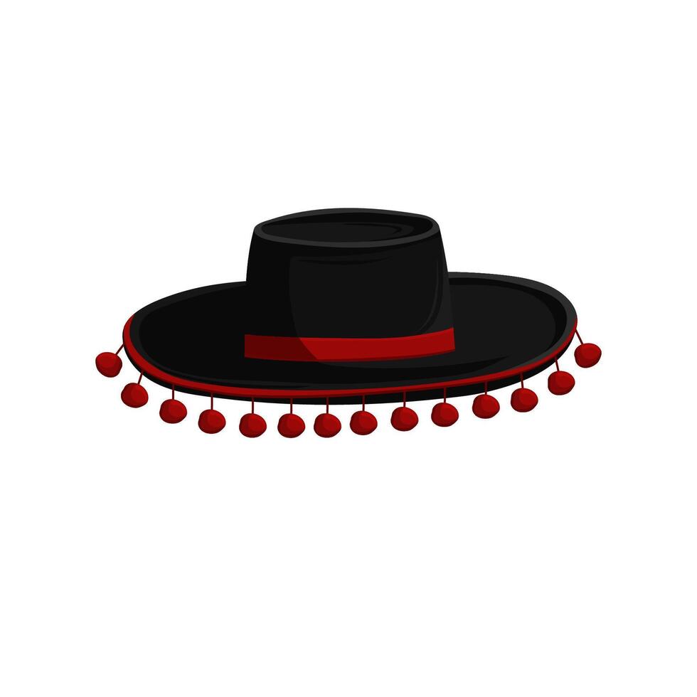 Spanish traditional hat template. Black sombrero with red beads vector