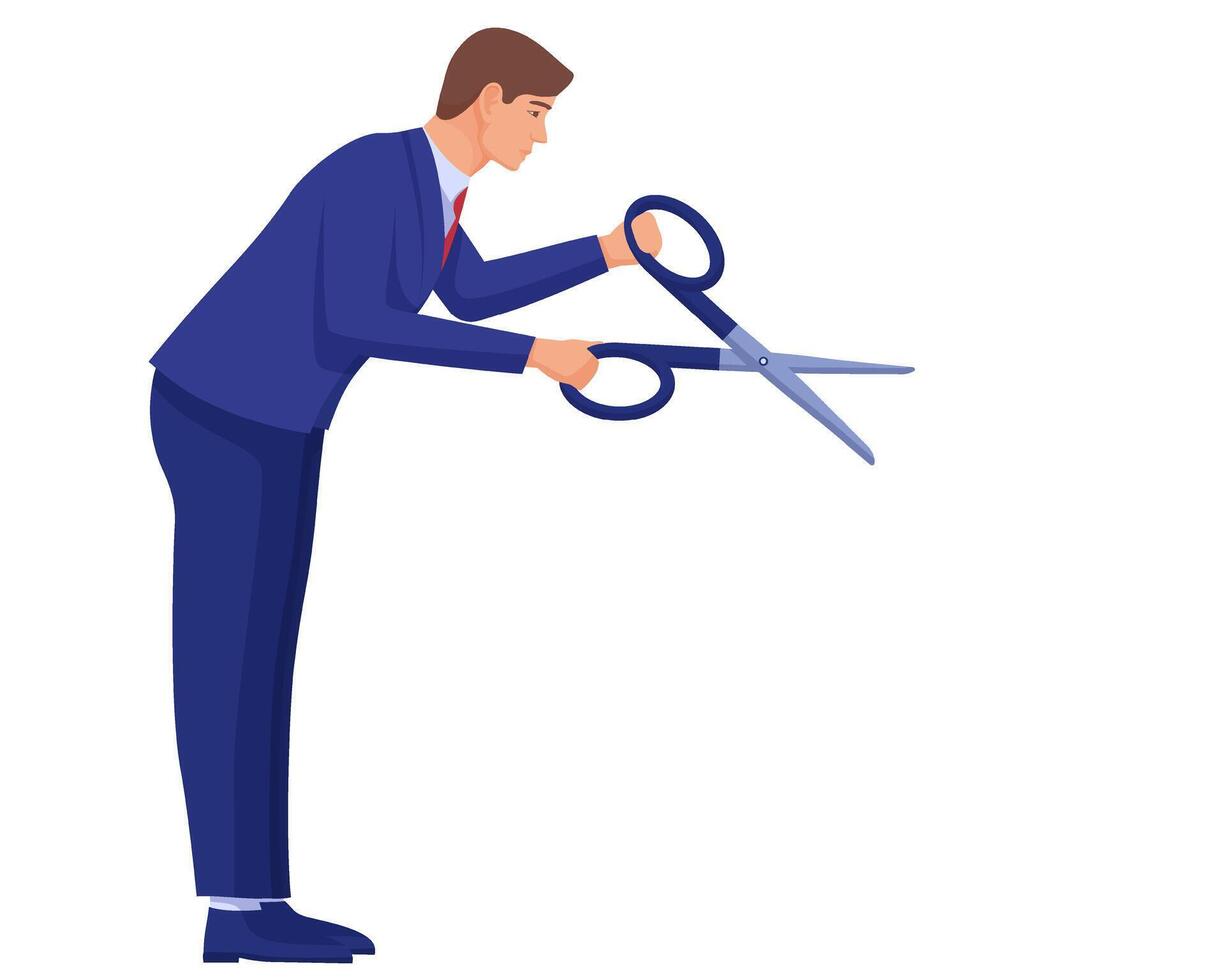 Businessman with scissors. Man in business suit cuts financial and debt obligations vector