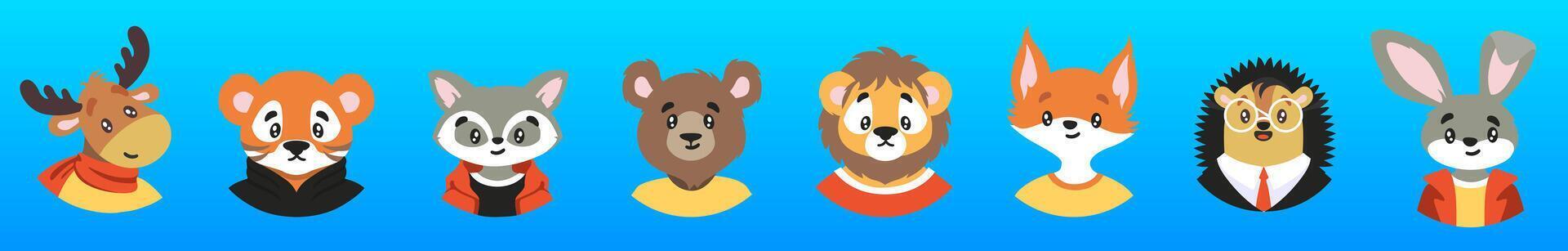 Collection of portraits of cute wild animals in clothes in round frames isolated on white background. Bundle of faces or muzzles of funny characters. Flat cartoon illustration for children. vector
