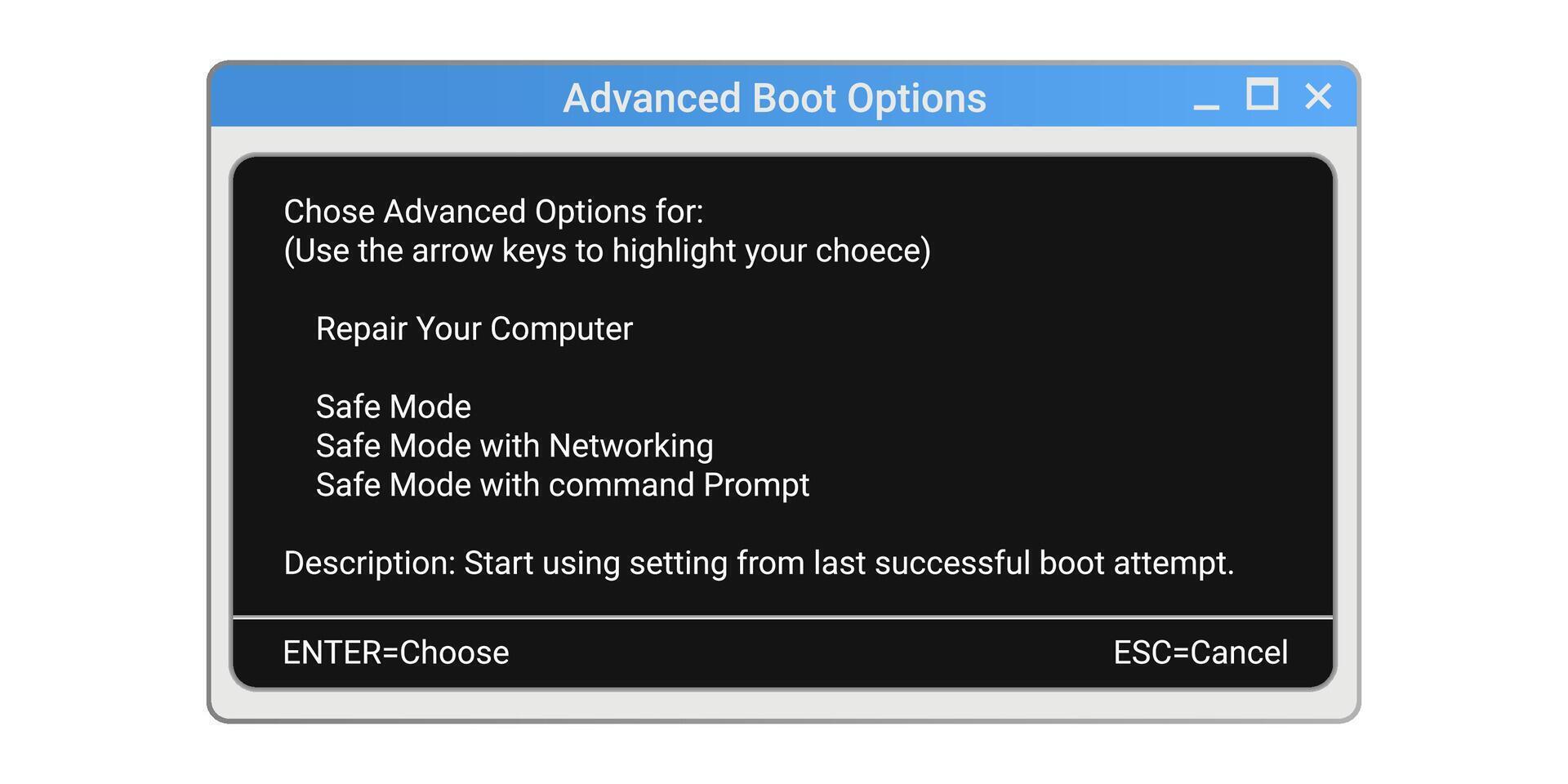Boot menu options in safe mode. Repair system settings on computer. vector