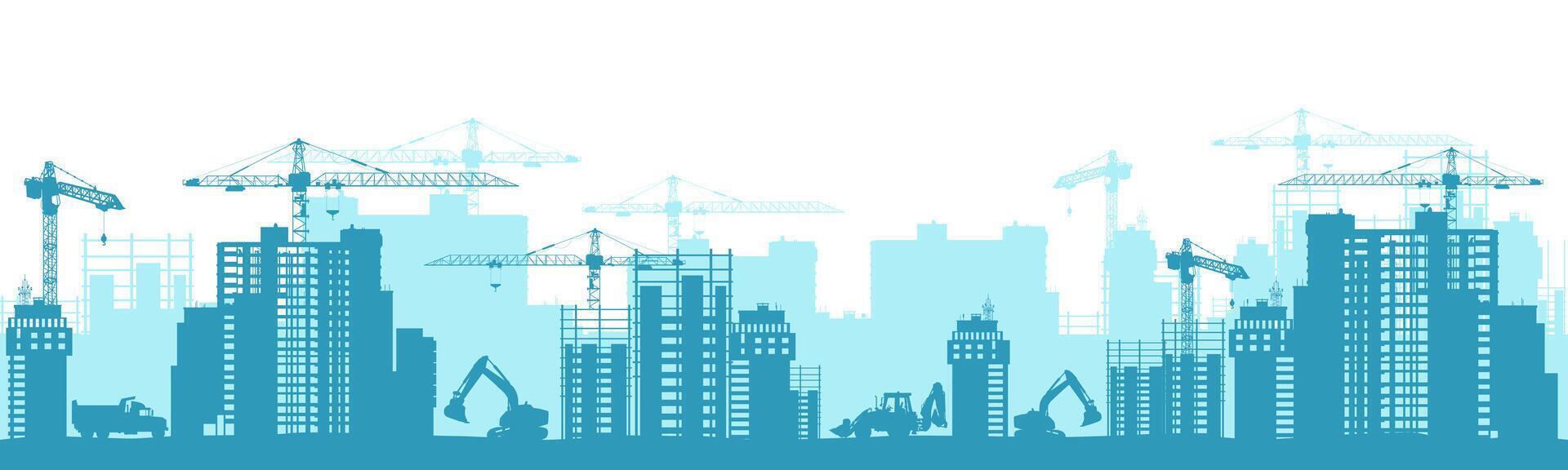 Construction city landscape site with a tower crane. Construction of residential buildings. vector