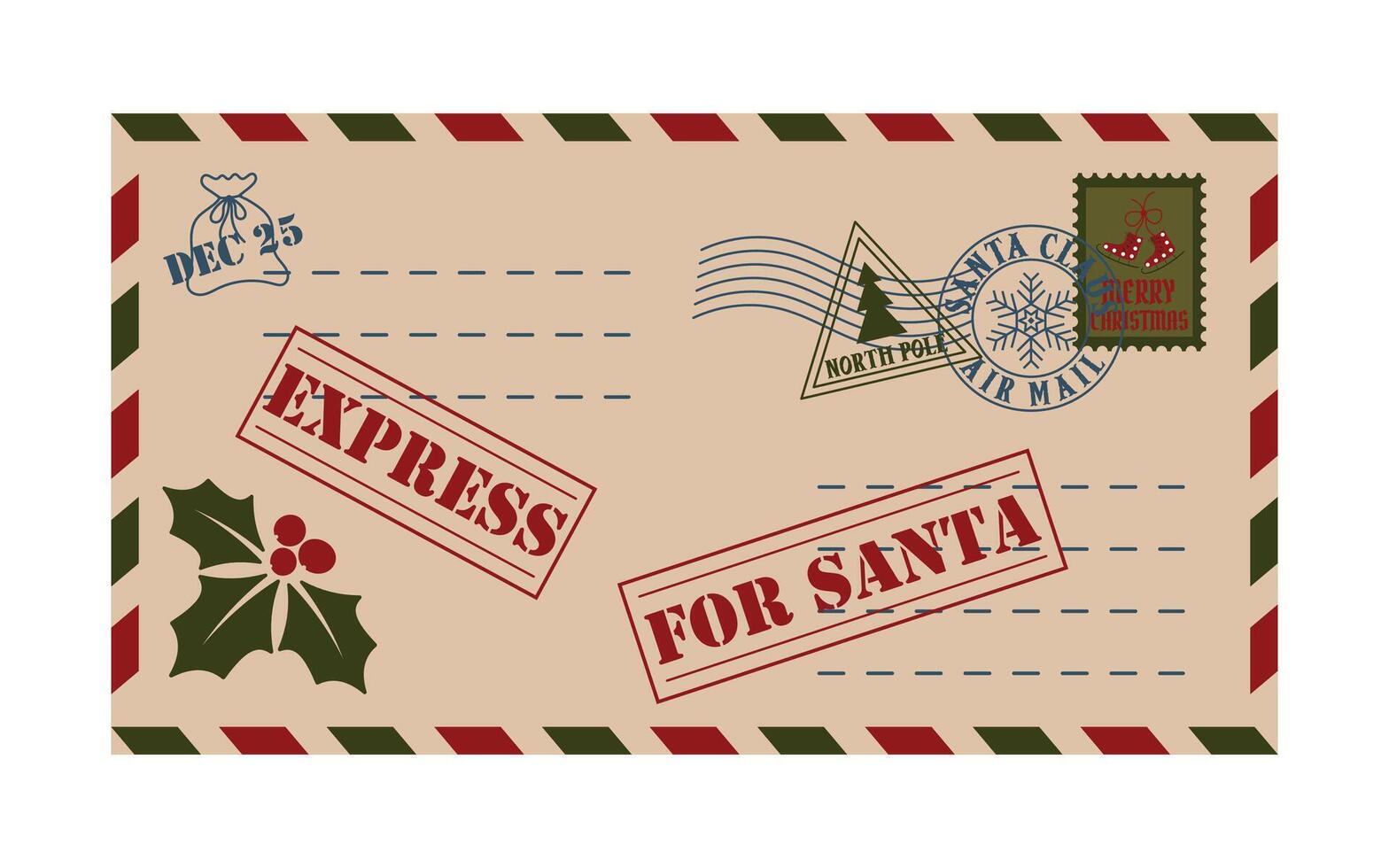 Merry Christmas. Christmas envelope with stamps, seals and lettering to Santa Claus. Waiting for miracles and presents. Space for text. vector