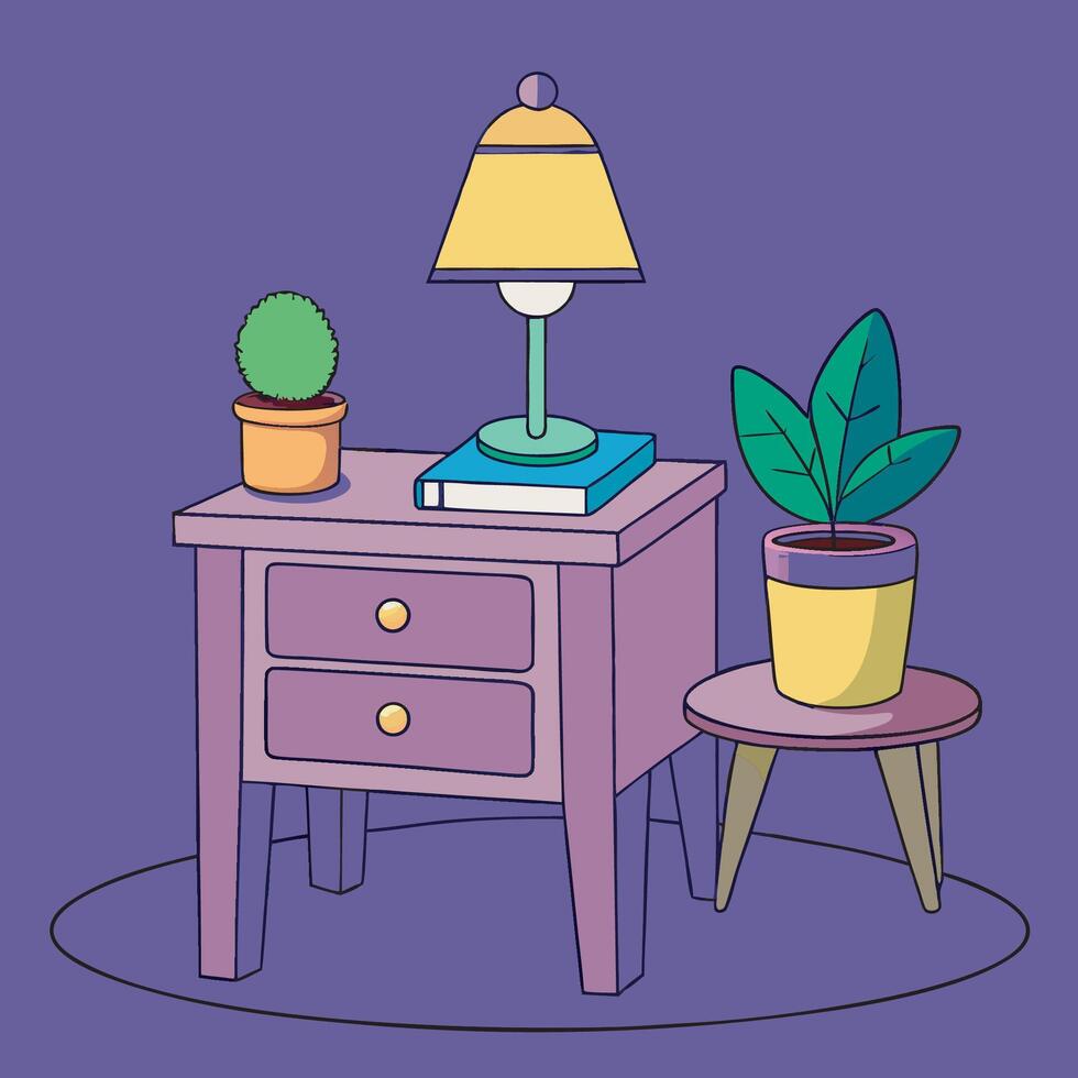 a table with a lamp and a plant on it vector