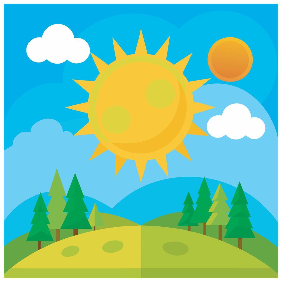 illustration of a sunny day with trees and hills vector