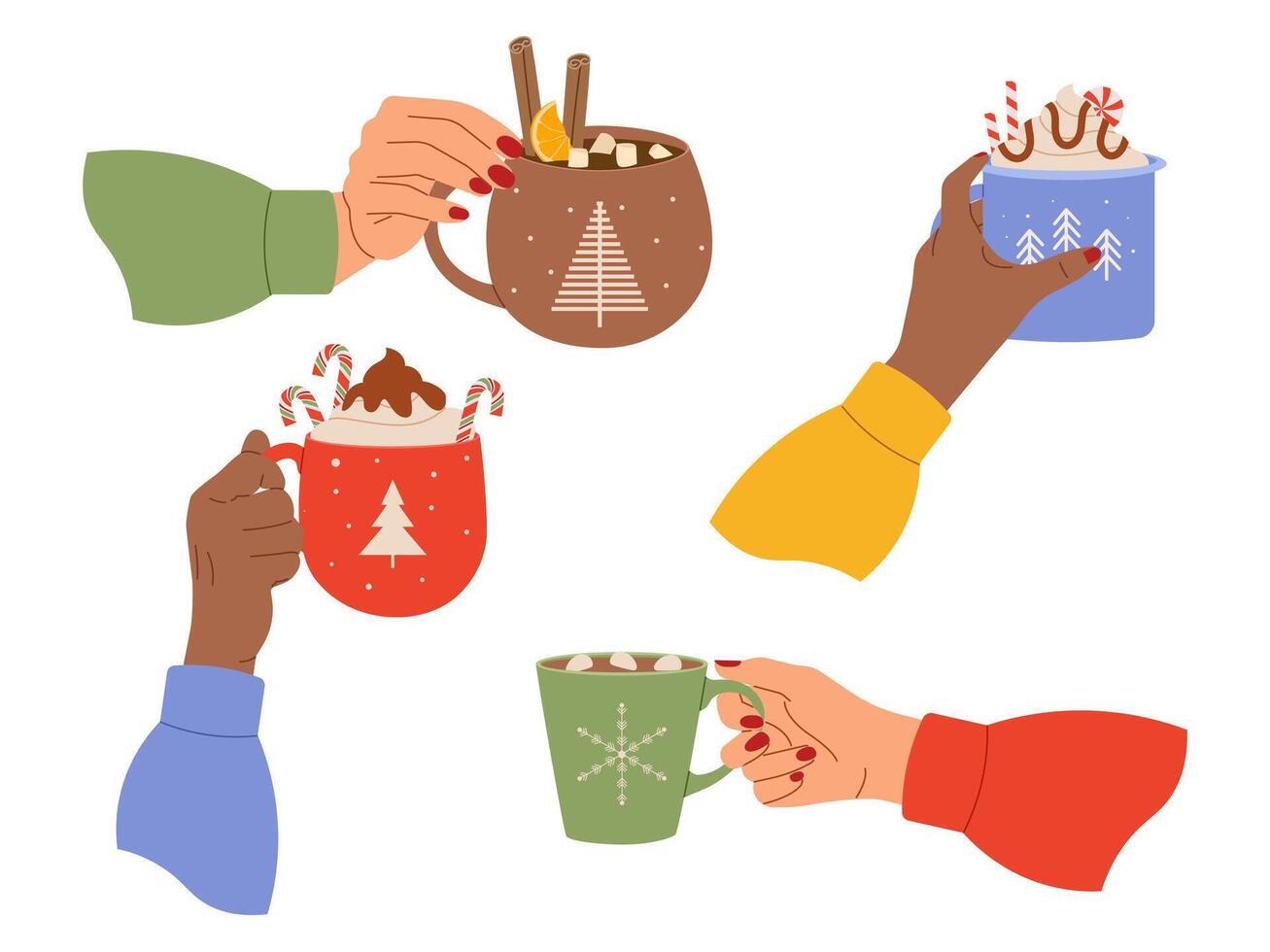 Diverse hands holding cups of hot sweet beverages. illustration for cozy themes, holiday designs and concepts promoting inclusivity and warmth vector