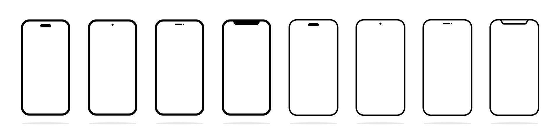 Smartphone mockup with blank white screen. Mobile phone mockup front view. Smartphone screen illustration. Flat black device screen icons. Smartphone screen icon set vector