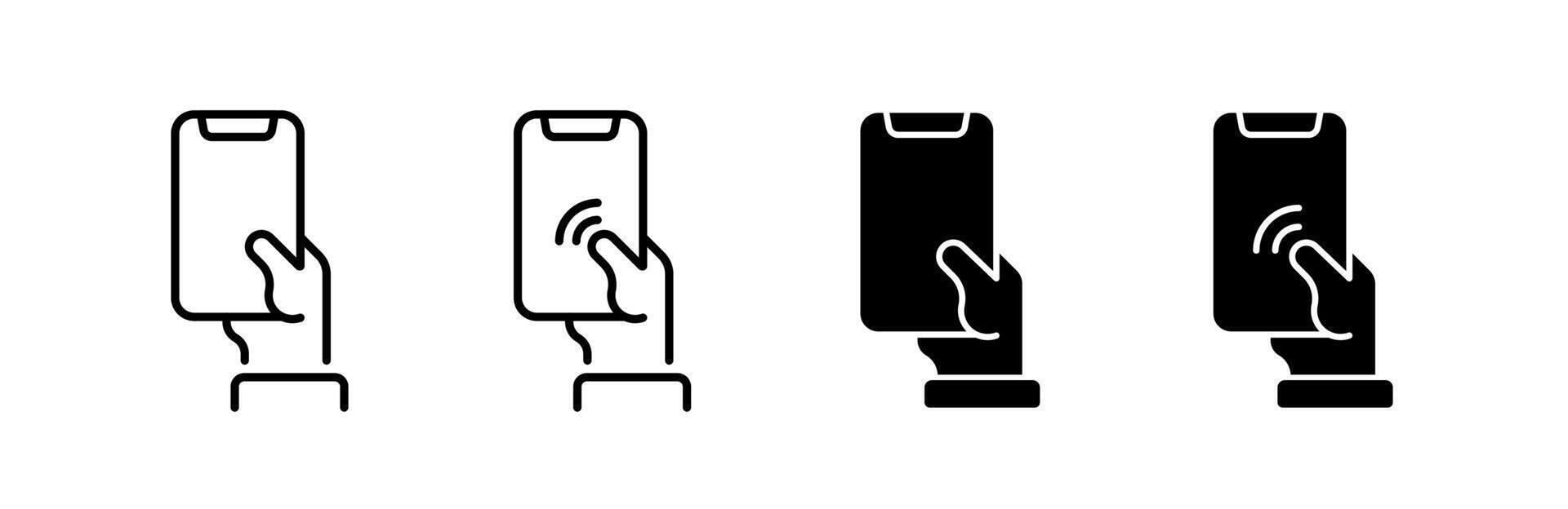 Hand holding phone. Hand with smartphone icons. Click on the smartphone. Hand with smartphone device vector