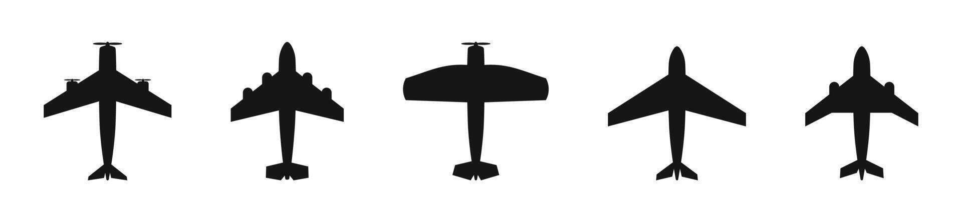 Airplane icons. Aircrafts in flat style. Plane silhouettes. Flight transport symbol. Airplane icons. Flight illustration vector