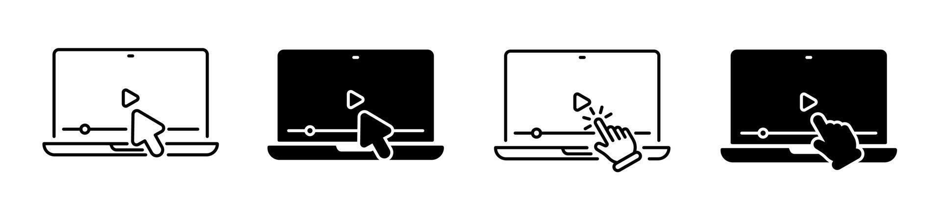 Cursor clicking play button. play button on device screen. Media player. player button. Pointer cursor with device vector