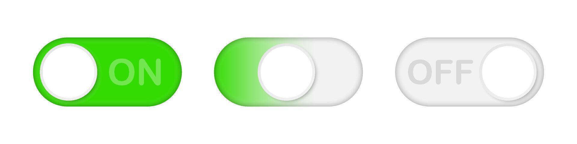 Realistic switch toggle buttons. On and Off toggle switch buttons. Switch buttons set. Toggle illustration. vector